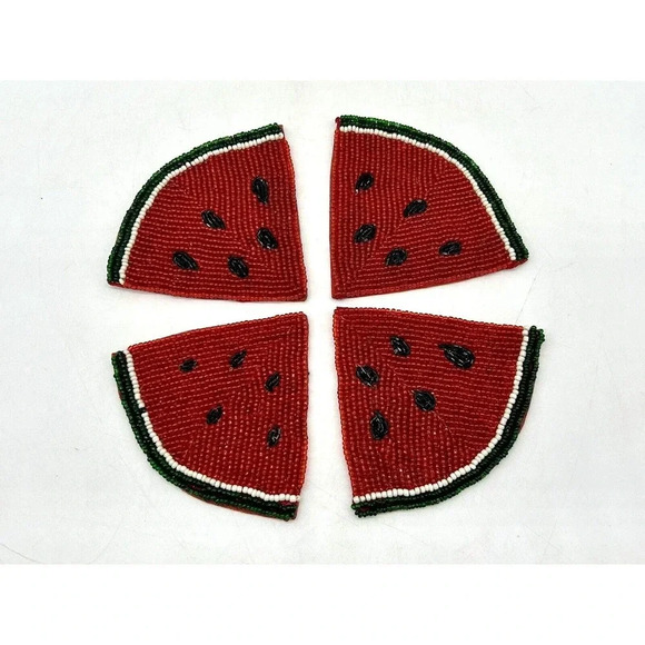 Set of 4 Vtg Summer Watermelon Beaded Drink Coasters Home Kitchen Decor - Picture 2 of 5